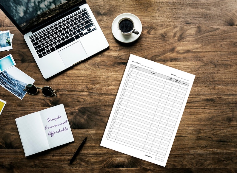 May include: A blank printable budget tracker sheet with columns for date, income, expenses, and balance. The sheet is on a wooden table with a laptop, a cup of coffee, sunglasses, and a notebook that says "Simple Convenient Affordable".