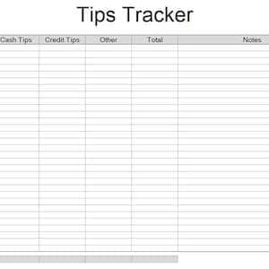 May include: A black and white printable tips tracker spreadsheet with column headers: Date, Cash Tips, Credit Tips, Other, Total, and Notes. The last row is labeled Totals.