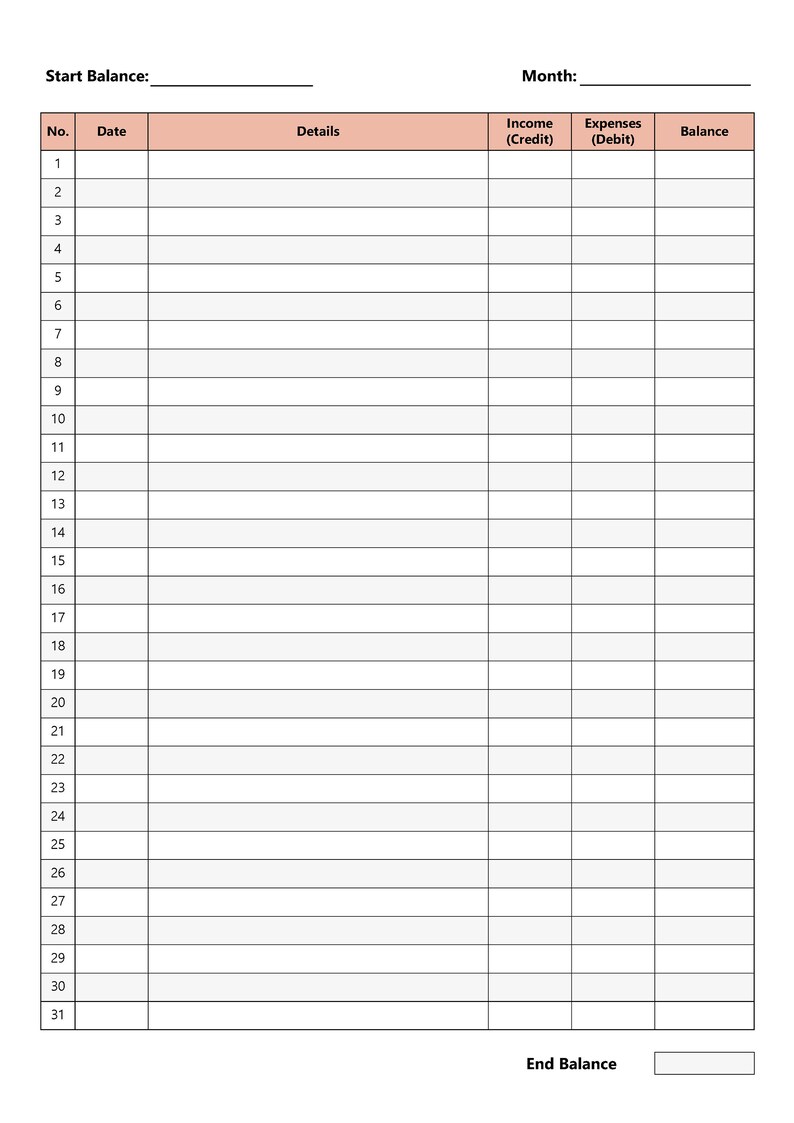 May include: A blank monthly budget spreadsheet with columns for date, details, income, expenses, and balance. The spreadsheet is designed to help track finances and manage money.