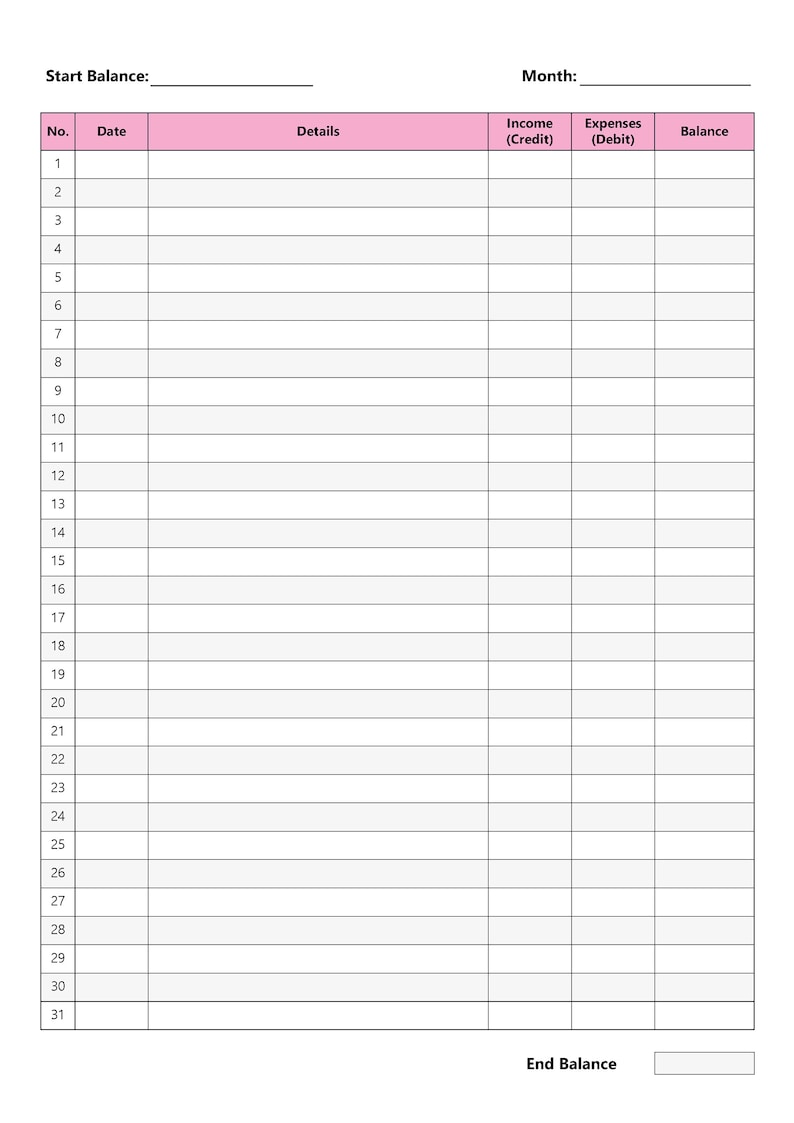 May include: A blank monthly budget tracker with columns for date, details, income, expenses, and balance. The tracker has 31 rows for each day of the month.