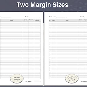 May include: A printable budget tracker template with two different margin sizes. The left side shows a standard margin and the right side shows a wide margin for ring binders. The template includes columns for date, details, income, expenses, and balance.