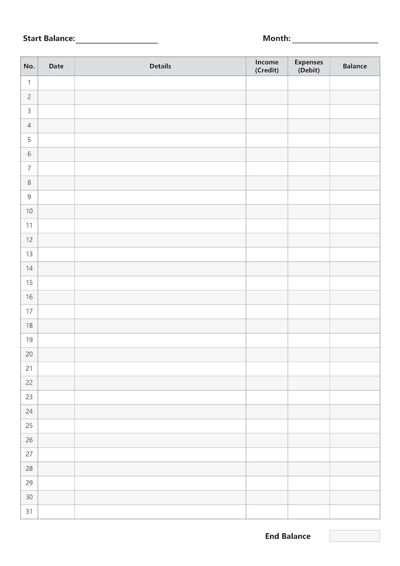 May include: A blank monthly budget tracker with columns for date, details, income, expenses, and balance. The tracker has 31 rows for each day of the month.