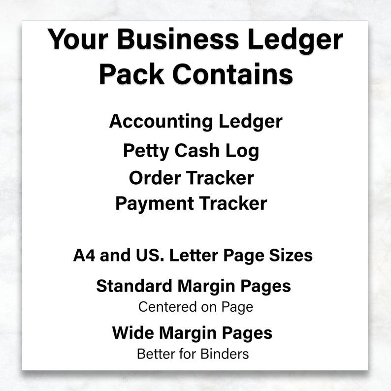 May include: A white graphic with black text that reads "Your Business Ledger Pack Contains" followed by a list of accounting tools, page sizes, and margin options.
