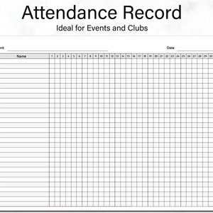 Può includere: Un foglio di registrazione delle presenze vuoto con colonne per l'evento, il nome e le date dal 1 al 31.