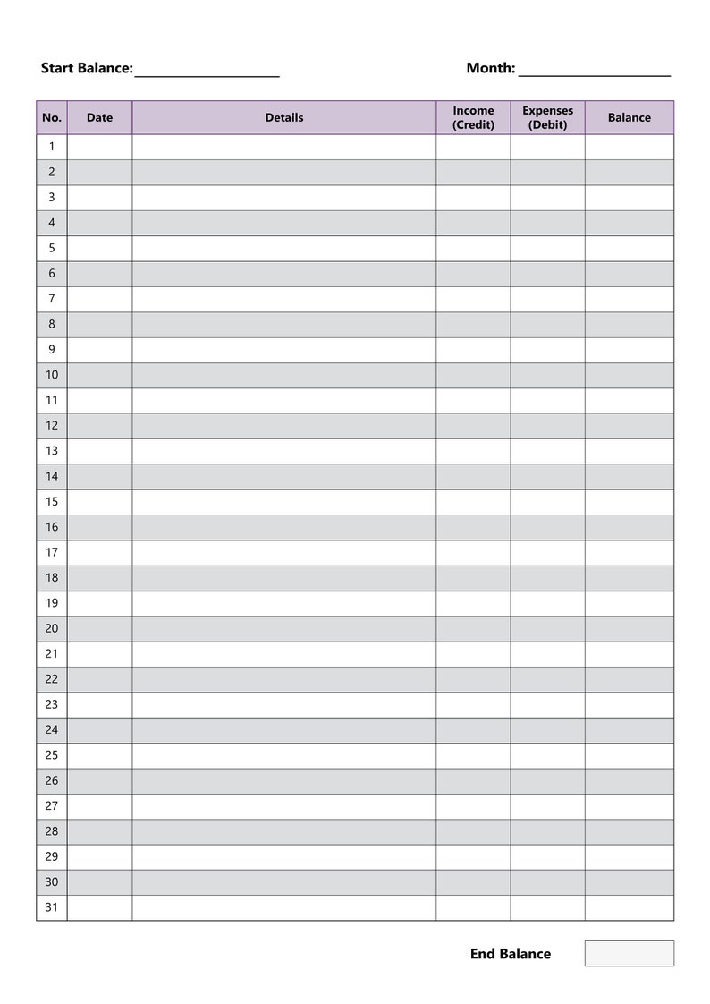 May include: A blank financial ledger with a purple header. The ledger includes columns for date, details, income, expenses, and balance. It has spaces for 31 entries, with fields for start and end balances.