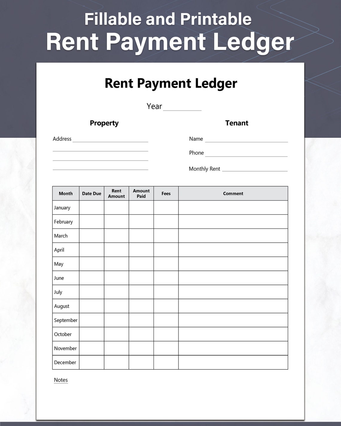 Rent Ledger Fillable and Printable Rent Payment Tracker Etsy