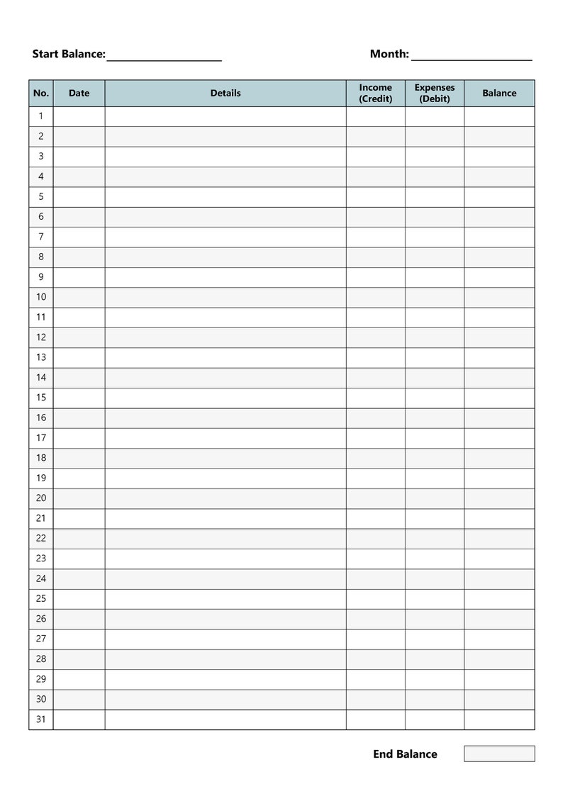 May include: A blank monthly budget tracker with columns for date, details, income, expenses, and balance. The tracker has 31 rows for each day of the month.