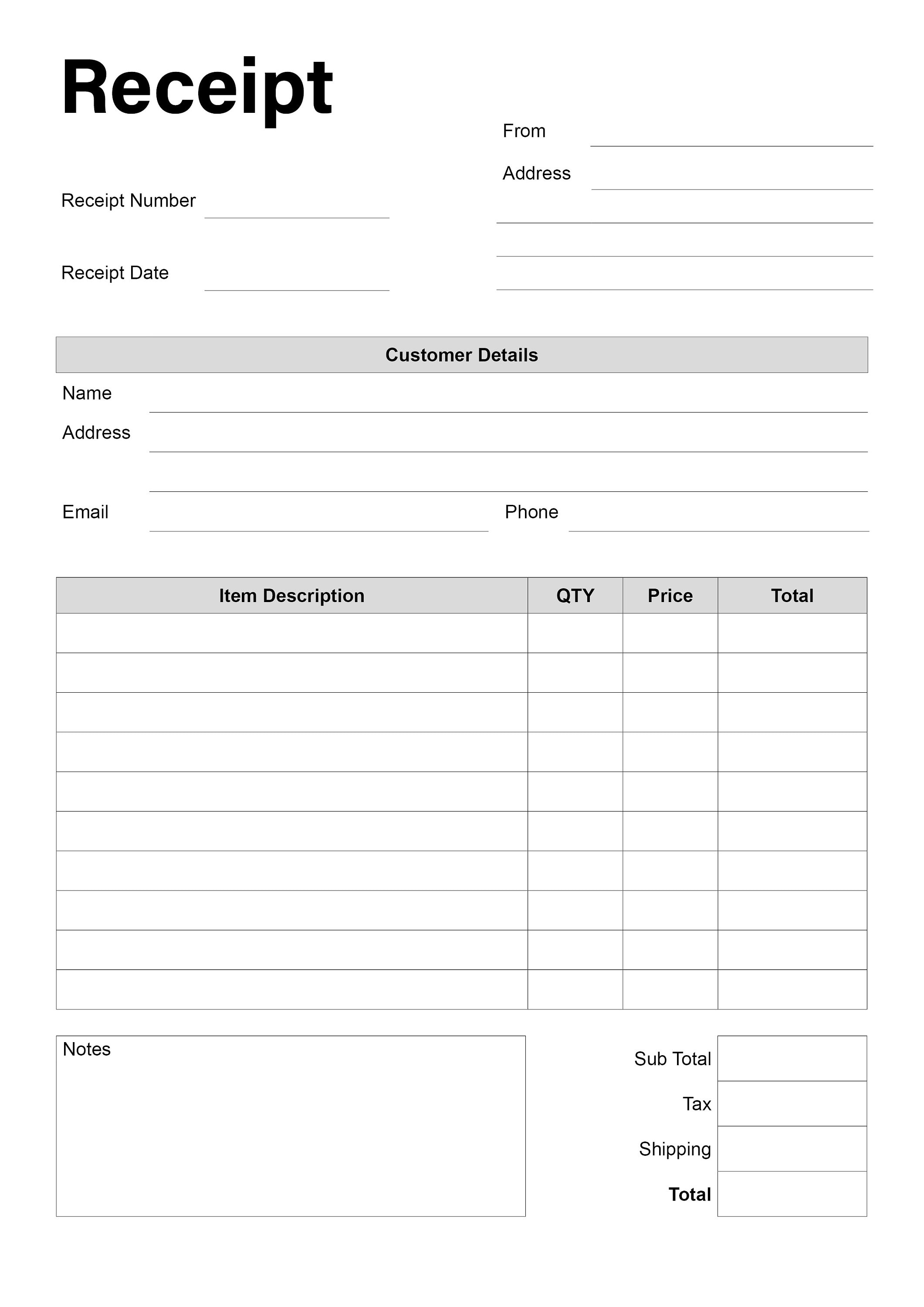 receipt template printable customer order receipt, small business
