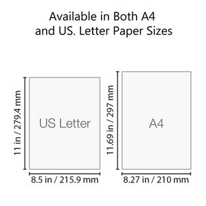 May include: Diagram comparing US Letter paper size (8.5 in x 11 in / 215.9 mm x 279.4 mm) and A4 paper size (8.27 in x 11.69 in / 210 mm x 297 mm). Text reads: Available in Both A4 and US. Letter Paper Sizes.