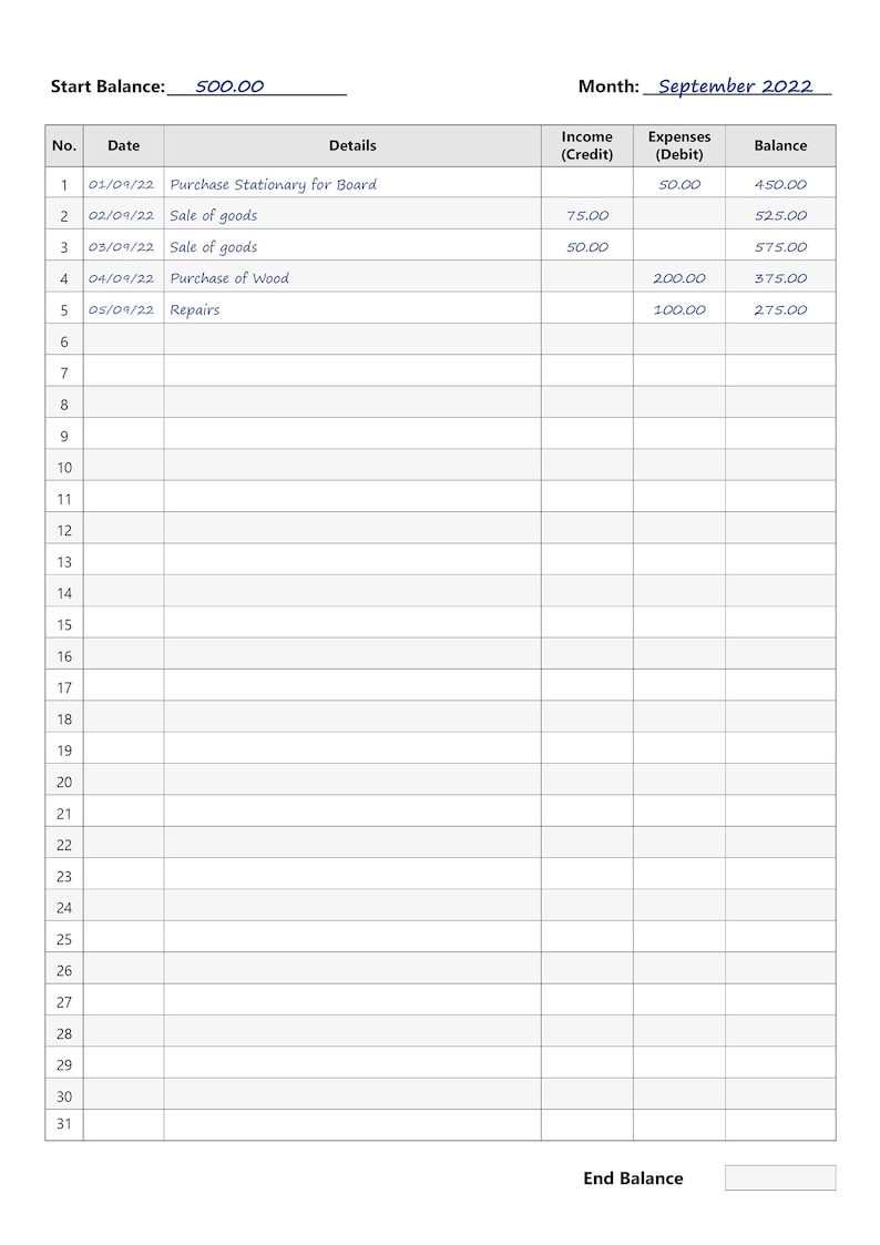 May include: A blank monthly budget spreadsheet with columns for date, details, income, expenses, and balance. The spreadsheet is for the month of September 2022 and has a starting balance of $500.00.