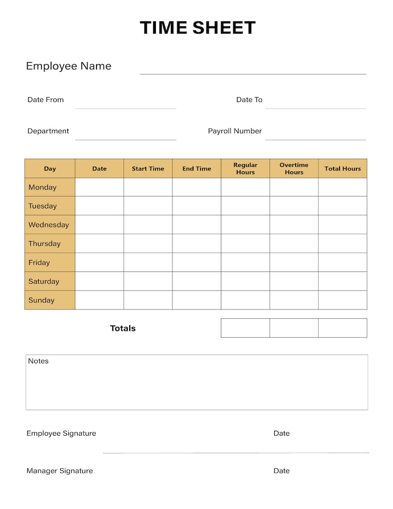 Employee Time Sheets, Printable Work Time Tracker, Weekly Staff Time