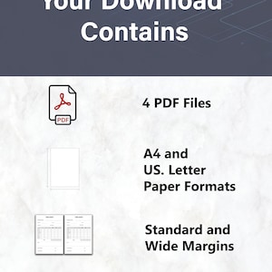 K&ouml;nnte beinhalten: Ein digitaler Download von vier PDF-Dateien mit Zeitbl&auml;ttern im A4- und US-Letter-Format. Die Zeitbl&auml;tter haben Standard- und breite R&auml;nder.