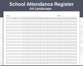 Hoja de registro de asistencia escolar, registro de asistencia a clases, seguimiento de asistencia mensual, A4 horizontal