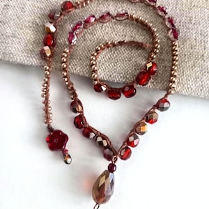 Romantic Handmade Crocheted Necklace Gift for Her - Red and Gold Crochet Bead Jewelry