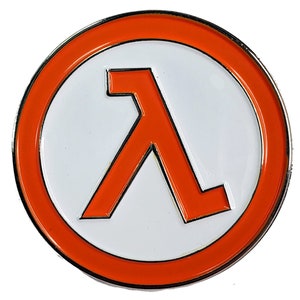 May include: A round, orange and white pin with the Lambda symbol from the Half-Life video game series.