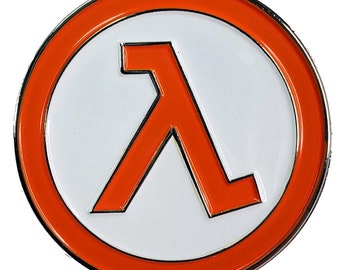 May include: A round, orange and white pin with the Lambda symbol from the Half-Life video game series.
