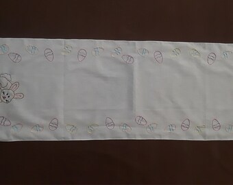 Hand Embroidered Easter Bunny with Easter Eggs Decorating both sides Cotton Table Runner, 40 X 14 Inch  **Free Shipping**