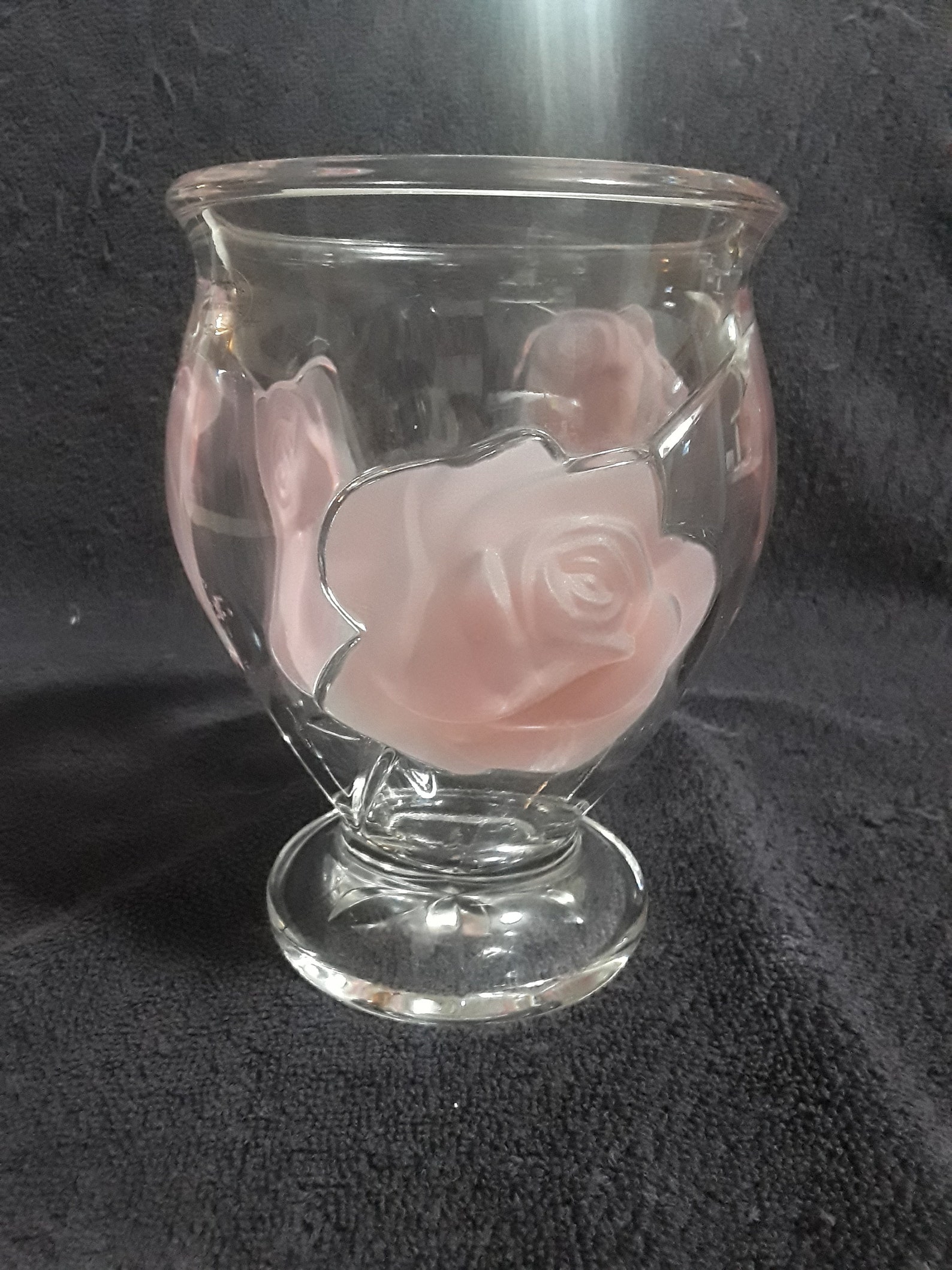 A Teleflora Gift Clear Glass Vase With Pink Frosted Roses, Crystal Look