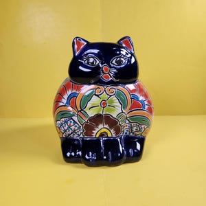 Large Hand Painted Mexican Talavera Pottery Fat Cat Planter