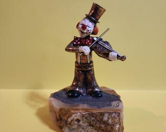 Ron Lee Pewter Clown Figurine Featuring a Clown Playing the Violin and sitting on an Onyx Base, Artist Signed  **Free Shipping**