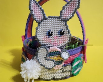 Finished Plastic Canvas Easter Basket w/White Bunny and Iridescent Eggs (This is a finished product, not a template)  **Free Shipping**