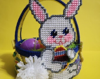 Finished Plastic Canvas Easter Basket w/White Bunny and Colorful Eggs (This is a finished product, not a template)  **Free Shipping**