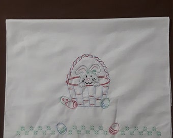 Single Hand Embroidered Easter Bunny in Easter Basket Surrounded by Colorful Easter Eggs Cotton Towel,  27 1/2 X 16 Inches **Free Shipping**