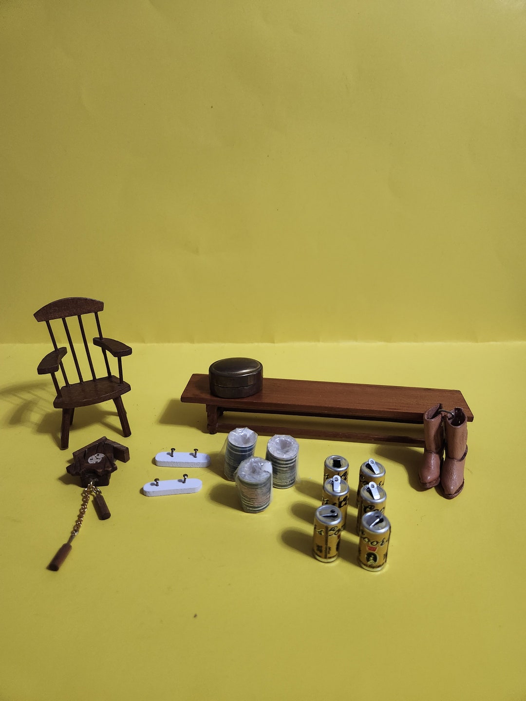 Vintage Dollhouse Accessories Featuring a Bench, Wooden Chair, a Wall