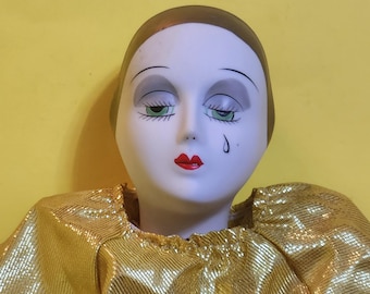 19" Pierrot Porcelain Clown/Jester/Harlequin Doll Dressed in a Gold Outfit with Silver Buttons  **Free Shipping**
