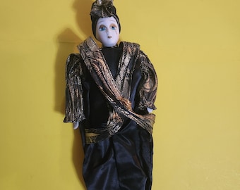 Show Stopper Posable Porcelain Clown/Jester/Harlequin Doll in Black and Gold Outfit, Made in Taiwan  **Free Shipping**