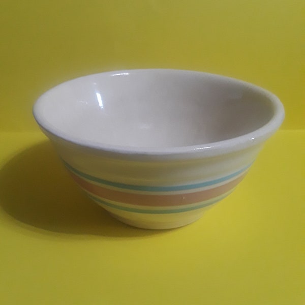 Cream Ovenware Pottery Mixing Bowl with Blue and Pink Stripes, Made in the USA  **Free Shipping**