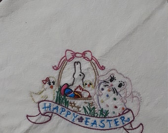 Single Hand Embroidered Happy Easter Flour Sack Towel w/an Easter Bunny and Chick Looking at Their Filled Easter Basket,  27 X 27 1/2 Inches