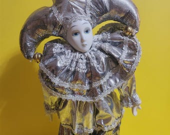 Porcelain Clown/Jester/Harlequin Doll in a Silver Outfit with Bells, Comes with Stand  **Free Shipping**