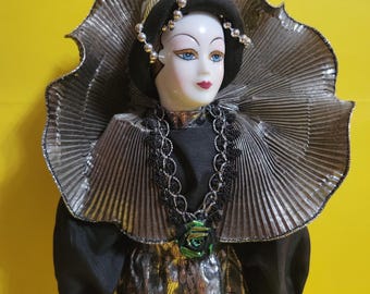 19" Porcelain Clown/Jester/Harlequin Doll in a Black and Silver Costume, Comes with Stand  **Free Shipping**