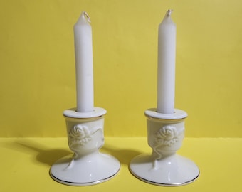 Set of 2 Lenox Pillar Candle Holders with a Raised Rose Design  **Free Shipping**