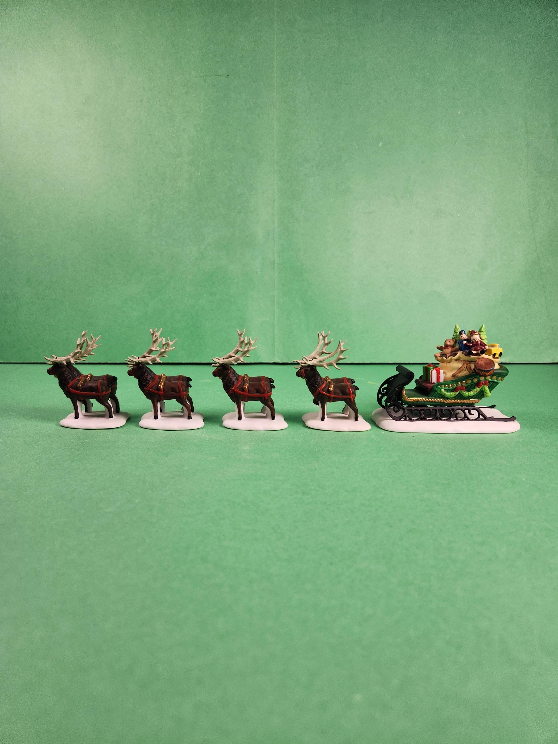 Set of 5 Department 56 Sleigh & Eight Tiny Reindeer Village