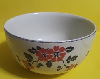 Ceramic Cream Colored Bowl with Red Flowers and Black Leaves, Hall's Superior Quality Kitchenware, Made in U.S.A.  **Free Shipping**