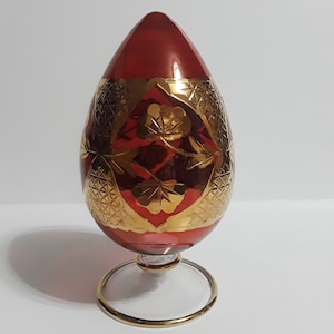 Clear Red Glass Egg with Gold Pattern on a Stand, Made in Egypt  **Free Shipping**