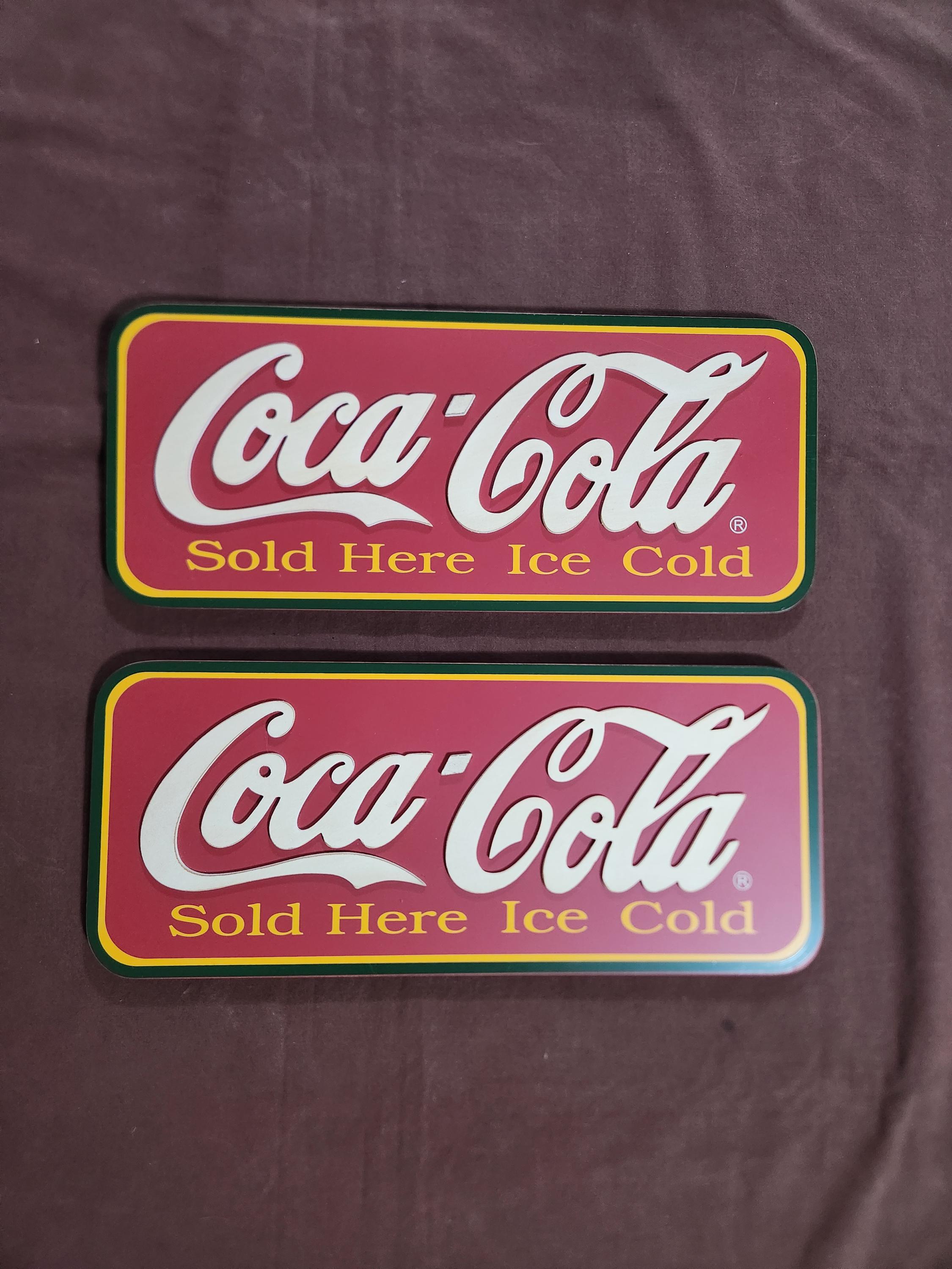 Red and Green Rectangle Coca-cola Sold Here Ice Cold Wooden Sign