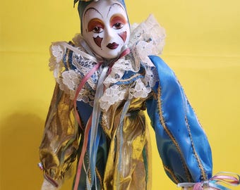 Delton Porcelain Clown/Jester/Harlequin Doll in a Gold and Light Blue Costume, Comes with Stand  **Free Shipping**