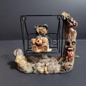 K&#39;s Collection Halloween Swinging Figurine Featuring a Brown Bear with a Jack-O-Lantern on a Swing  **Free Shipping**