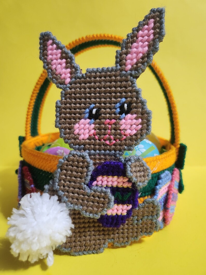 Finished Plastic Canvas Easter Basket W/brown Bunny and Colorful Floral