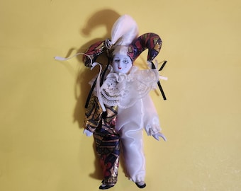 ShowStopper  Porcelain Clown/Jester/Harlequin Doll in White and a Multi-Colored Metallic Outfit  **Free Shipping**