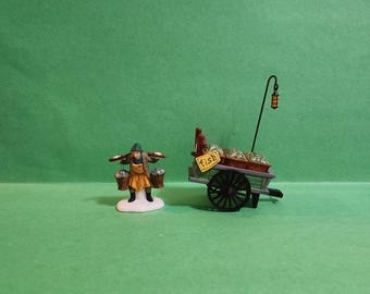 Set of 2 Department 56 Christmas Chelsea Market Fish Monger & Cart Christmas Village Figurines