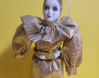 Show Stopper Porcelain Clown/Jester/Harlequin Doll in a Gold Costume, Made in Taiwan, Comes with Stand  **Free Shipping**