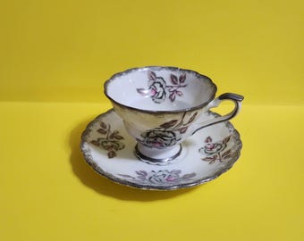 Fred Roberts Co. Silver Roses Teacup and Saucer Set  **Free Shipping**