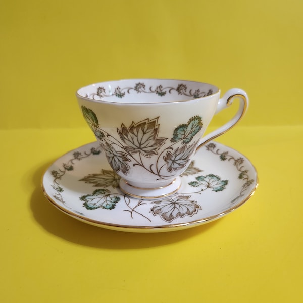 Tuscan Fine English Bone China Teacup and Saucer Set featuring a Green and Brown Leaf Design and Gold Accents, Made in England *Free Ship*