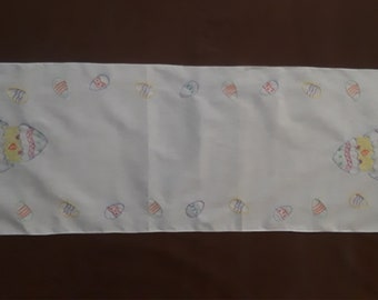 Hand Embroidered Easter Chick Hatching from Egg with Easter Eggs Decorating both sides Cotton Table Runner, 40 X 14 Inch   **Free Shipping**