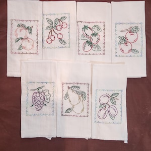Set of 7 Hand Embroidered Fruit Tea Towels 100% Cotton Towel Set, 27 X 17 1/4 Inches  **Free Shipping**