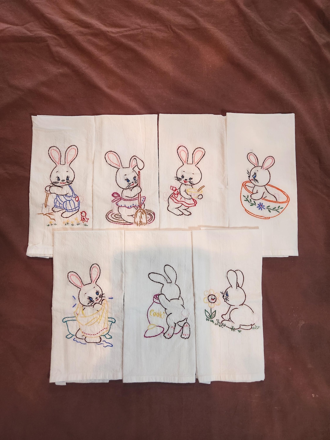 Set of 7 Hand Embroidered Cute Rabbit Tea Towels 100% Cotton Towel Set ...